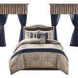 Madison Park Essentials Delaney 24-Piece Room In A Bag Comforter Set-Satin Jacquard All Season Luxury Bedding, Sheets, decorative pillows and Curtains, Valance, Queen (90 in x 90 in), Medallion Navy Madison Park