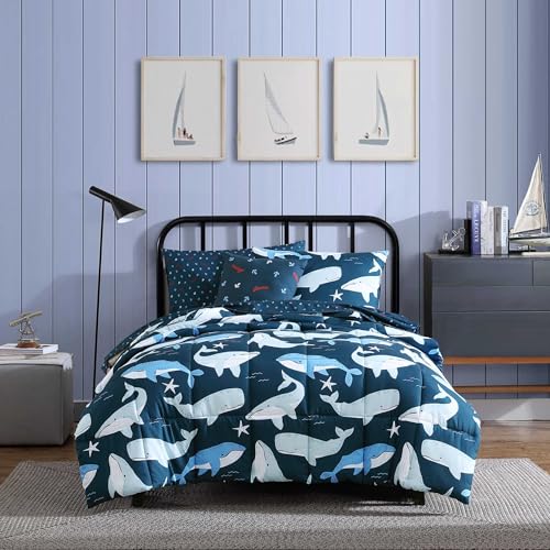 Nautica Kids - Finnian Whales Navy Kids Comforter Set, Soft Bedding with Matching Shams & Throw Pillow, 4-Piece, Navy, Full/Queen Nautica