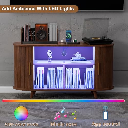 Hretanant Vinyl Record Player Stand with LED Lights & Charging Station, Large Record Holdert with Sliding Door for Turntable, Speakers, Modern Media Cabinet for Living Room Bedroom (Walnut, 55in) Hretanant