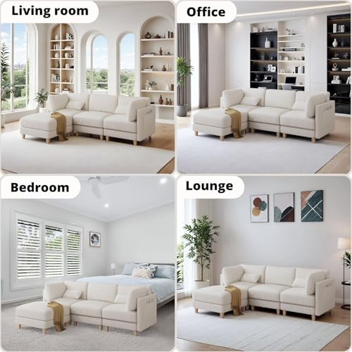 LIKIMIO 91.1" Modern L-Shaped Sectional Sofa for Living Room, 3-Seater Comfy Couch with Deep Seat and Movable Ottoman, Corduroy Upholstered Modular Sofa, Beige LIKIMIO