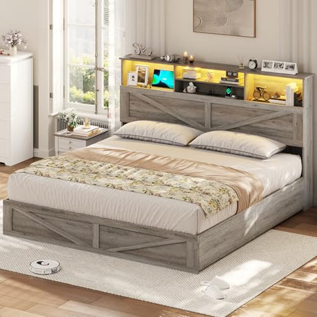 VIAGDO Farmhouse Bed Frame King Size with Bookcase Storage Headboard, Charging Station and LED Lights, Wooden King Bed Frame with 4 Drawers, Barn Door Design, No Box Spring Needed, No Noise, Grey VIAGDO