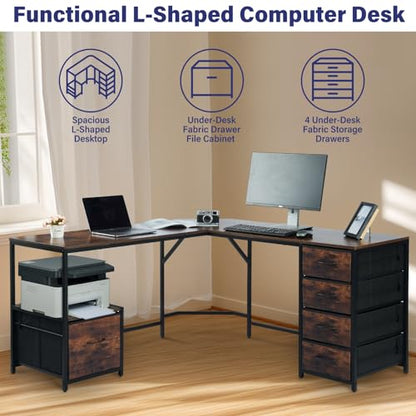 TOPSKY L-Shaped Desk Corner Computer Desk with 18.9" Depth Workstation, Cloth File Cabinet for Letter Size File Folder and 4 Cloth Storage Cabinets (Rustic Brown, 59 * 59 inch) - WoodArtSupply