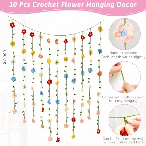 Suncalla 23 ft Crochet Flowers Wall Hanging Decor Boho Knitting Flower Garland Ornaments Curtain Backdrop Hanging Tassel Decoration Room Divider for Home Bedroom Wall Door Window Suncalla