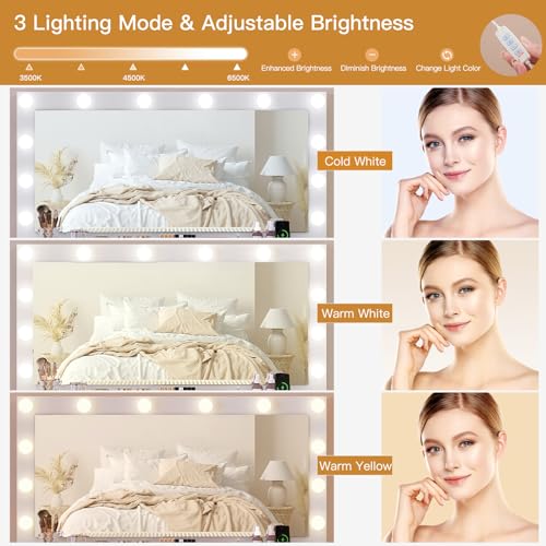 Quimoo Vanity Desk with Large Lighted Mirror and Power Outlet, 46" Makeup Vanity with 9 Drawers and Glass Desktop, Vanity Table with 12 LED Lights, 3 Lighting Color Adjustable (White) Quimoo