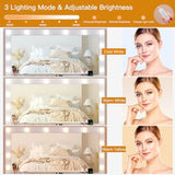 Quimoo Vanity Desk with Large Lighted Mirror and Power Outlet, 46" Makeup Vanity with 9 Drawers and Glass Desktop, Vanity Table with 12 LED Lights, 3 Lighting Color Adjustable (White) Quimoo