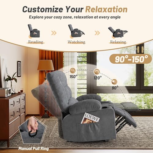 Rocker Recliner Chair with Massage and Heat, Nursery Rocking Chairs for Living Room, Ergonomic Comfy Relining Chair with Cup Holders, USB Charge Port, Side Pockets, Recliner Chair for Adults, Grey BIGGARSIT