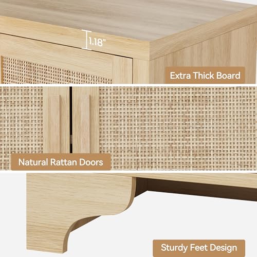 Garvee Natural Rattan Storage Cabinet with Shelves, 4-Door Sideboard Buffet Cabinet, Boho TV Stand Console Table for Living Room, Entryway, Dinning Room Garvee