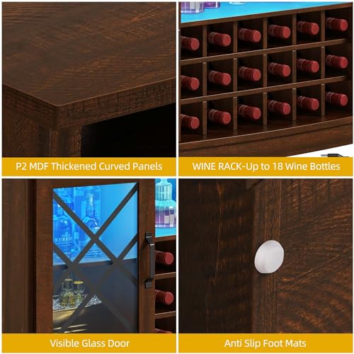 DWVO Wine Bar Cabinet with LED Light, 58'' Large Wine Cabinet w/Storage, Tempered Glass Doors, Adjustable Shelf, 32'' Tall Coffee Bar for Living Room, Dining Room, Rustic Brown - WoodArtSupply