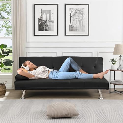 Futon Sofa Bed Modern Folding Couch for Small Space, Faux Leather Convertible Loveseat Sleeper Bed Daybed Recliner Lounge Sofas for Living Room,2 Cup Holders,Metal Legs,Removable Armrests (Black) Anwick