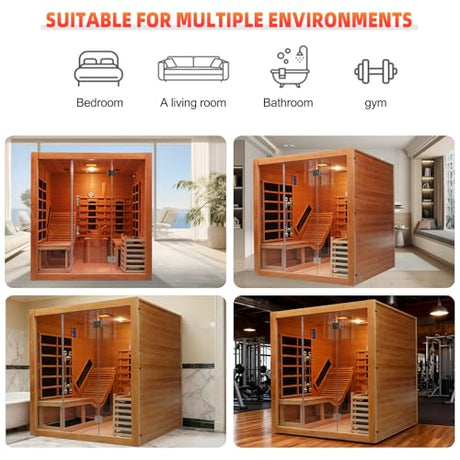 amocane Infrared & Steam Dual-System Sauna Room, 2-3 Person Canadian Red Cedar Wood Sauna with Recliner, Indoor Traditional Home Saunas Spa with 9 Heaters & 6KW Sauna Stove, Oxygen Bar amocane