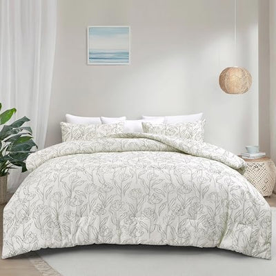 Arianaut Cotton Printed Comforter Set – Soft & Breathable Bedding Quilt Set with Microfiber Fill – Includes 1 Comforter & 2 Pillowcases – Lightweight & All-Season (White Printed, Queen)