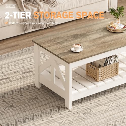 YESHOMY 39" Farmhouse Coffee Table, Coffee Tables for Living Room, Farmhouse Square Coffee Table with Storage, Couch Table, Small Tables for Small Spaces, Gray and White YESHOMY