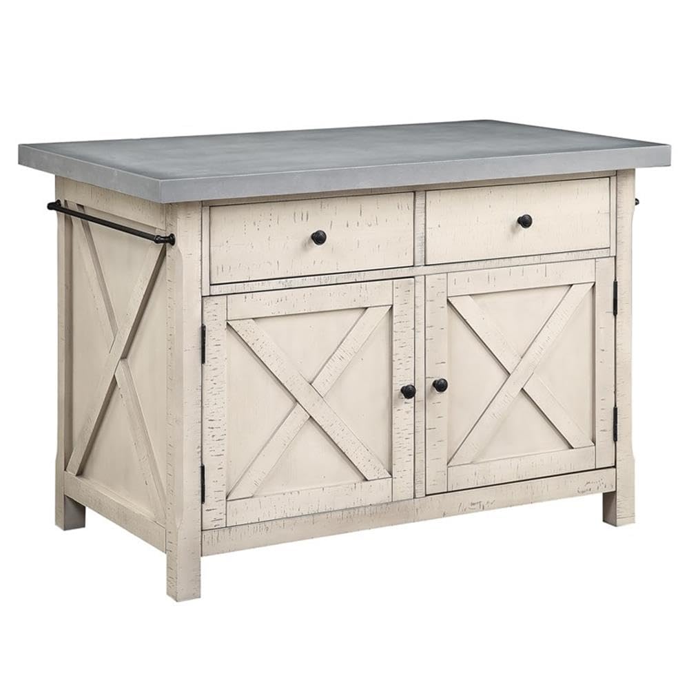 OSP Home Furnishings Nashville Kitchen Island with 2 Matching Stools, Cement Grey Top OSP Home Furnishings