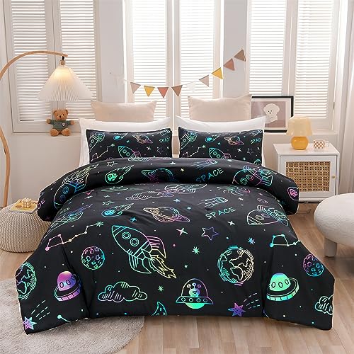 Aimuan Space Bedding Twin Bed Comforter Kids Rocket Bedding Set Super Soft & Cute Aliens UFO Printed for Boys Girls Teen (Black, Twin) Aimuan