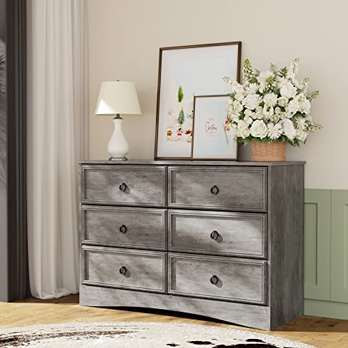 LGHM Modern 6 Drawer Dresser, Dressers for Bedroom, Chest of Drawers Closet Organizers and Storage Clothes - Easy Pulls Handle, Textured Borders Living Room, Hallway, Gray - WoodArtSupply