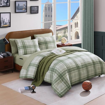 AMBERSPACE Full Size Comforter Sets, Green Plaid Bedding Set 7 Piece for Boys Girls Teen, Classic Homestead-Style Kids Comforter Set Bed in A Bag with Sheets, Pillowcases & Shams