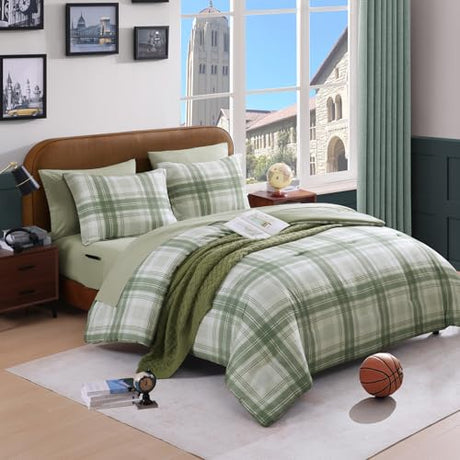 AMBERSPACE Twin XL Comforter Set, Green Plaid Bedding Set 5 Piece for Boys Girls Teen, Classic Homestead-Style Kids Comforter Set Bed in A Bag with Sheets, Pillowcase & Sham AMBERSPACE