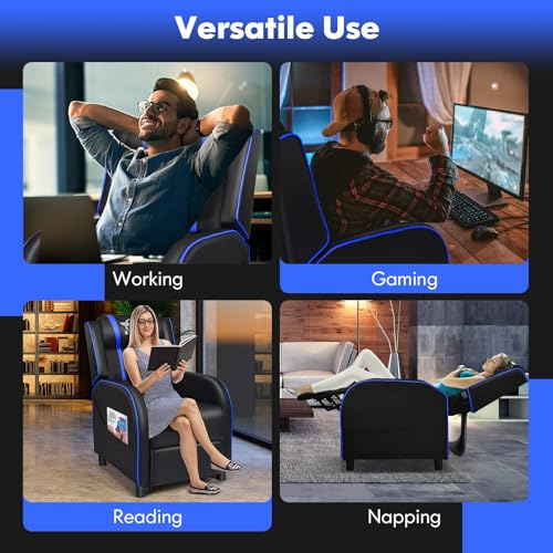 GYMAX Gaming Recliner, Massage Gaming Chair w/Adjustable Footrest, Remote Control & Side Pocket, Ergonomic Game Lounge Chair, Racing Style Single Theater Seat Game Sofa for Adults (Blue) GYMAX