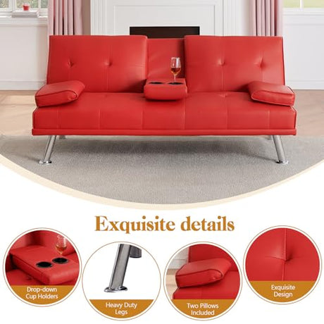 Modern Futon Sofa Bed, 67 Inch Leather Convertible Futon Couch Loveseat Sleeper for Small Spaces,Comfy Folding Recliner Couches for Living Room, Adjustable Backrest,2 Cup Holders,Metal Legs (RED) Xinmviec