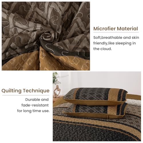 Dinjoy King Size Quilt Set Boho, Soft 3 Pieces Striped Bedspreads Quilts Brown Bedding Sets Boho Lightweight Quilted Coverlets Set Fall Bed for All Seasons 110"x90" Dinjoy