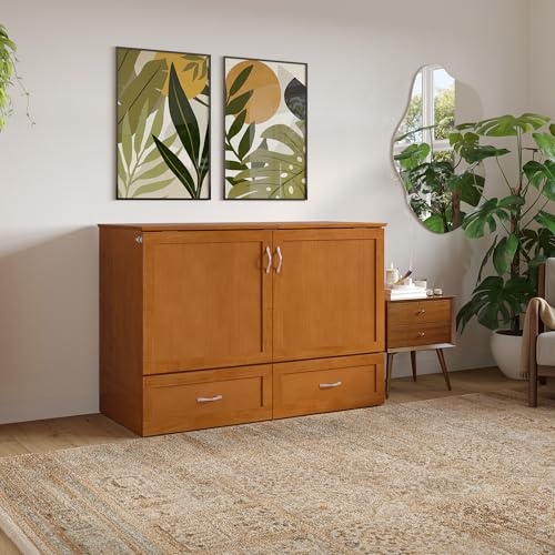 AFI Hamilton Full Murphy Bed Chest with Mattress, Storage, and Built-in Charger in Light Toffee AFI