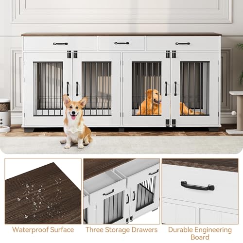 71'' Double Dog Crate Furniture, Large Dog Kennel Indoor with 3 Storage Drawers and Removable Divider for 2 Dogs, Heavy Duty Decorative Dog House TV Stand Side Table for Medium Large Dogs, White IDEALHOUSE