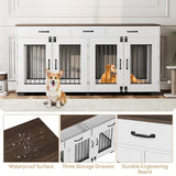 71'' Double Dog Crate Furniture, Large Dog Kennel Indoor with 3 Storage Drawers and Removable Divider for 2 Dogs, Heavy Duty Decorative Dog House TV Stand Side Table for Medium Large Dogs, White IDEALHOUSE