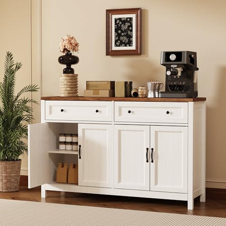Gizoon Farmhouse Kitchen Sideboard Buffet Cabinet with Storage, Wood Coffee Bar and Storage Sideboard with Drawers and Doors for Kitchen, Dining Room, 15.7" D x 55.1" W x 35.3" H, White/Rustic Brown Gizoon