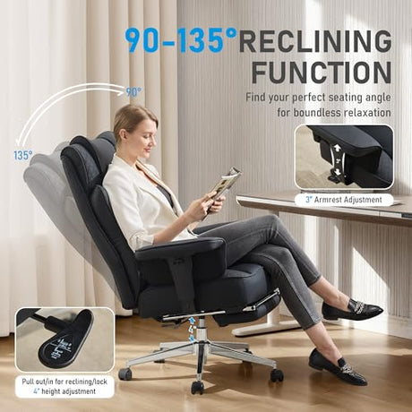 OwgeinSet Big and Tall Office Chair, Ergonomic Leather Reclining Chair with Footrest, High-Back Comfy Executive Computer Desk Chairs with Lumbar Support, Wide Seat, 400LBS (Black) OwgeinSet