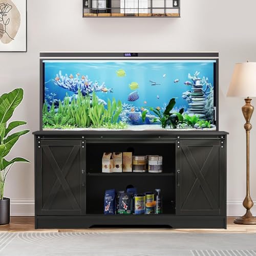 40-55 Gallon Fish Tank Stand up to 60 Gallon Tanks, Aquarium Stand with Accessories Storage Cabinet and Sliding Barn Doors for Reptile Terrarium, 59" L x15.7 W, Espresso