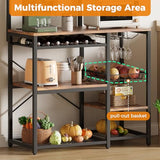 IRONCK Bakers Rack with Power Outlet, 7-Tier Coffee Bar Microwave Stand, Solve Kitchen Clutter with Wine Rack, Wire Basket and Hooks, Rustic Brown
