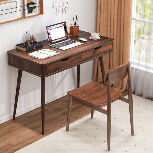 Tangkula Mid Century Desk with 2 Storage Drawers, Modern Writing Study Desk with Rubber Wood Legs, Versatile Home Office Study Desk for Small Space, Vanity Table for Bedroom (Walnut) - WoodArtSupply