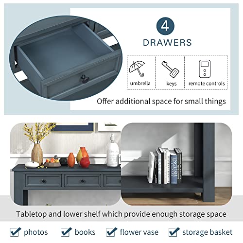 Knocbel Console Table with 4 Storage Drawers Bottom Shelf, Rustic Distressed Sofa Table for Entryway Hallway, Assembly Required, 63" W x 14" D x 30" H, Navy Knocbel