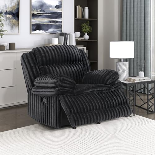 Lexicon Manual Glider Recliner Chair, Corduroy Manual Tab Pull Reclining Chair with Pillow Top Arms, Plush Cushions, Cozy Theater-Style Accent for Living Room/Bedroom, Easy Assembly, Black