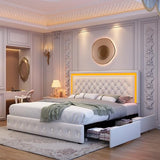 Cream Velvet Queen LED Bed Frame with 4 Storage Drawers and Adjustable Headboard Generic