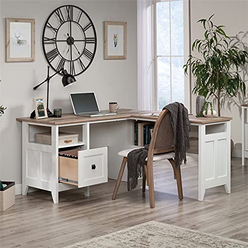 Sauder August Hill L-Shaped Home Office Desk in Soft White, Soft White finish - WoodArtSupply