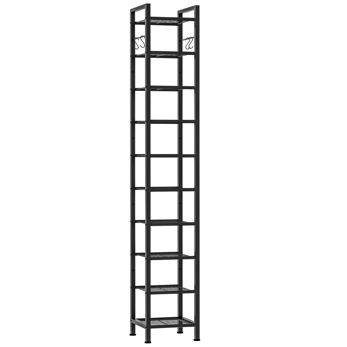 USIKEY 10 Tiers Narrow Shoe Rack for 10-20 Pairs - Sturdy Metal Tall Shelf With 4 Hooks, Slim Storage Organizer, Space Saving Vertical Design for Entryway, Closets - Black usikey
