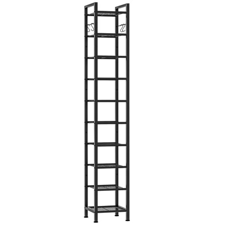 USIKEY 10 Tiers Narrow Shoe Rack for 10-20 Pairs - Sturdy Metal Tall Shelf With 4 Hooks, Slim Storage Organizer, Space Saving Vertical Design for Entryway, Closets - Black usikey