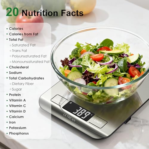 Ultrean Smart Food Kitchen Scale with Nutritional Calculator, App for Macro & Calorie Tracking, AI Scan, Digital Grams and Ounces for Weight Loss, Rechargeable, Stainless Steel, 33lb /15kg