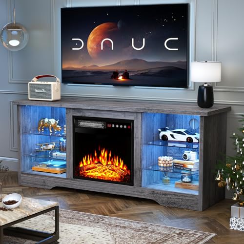 TAVATA 58" Fireplace TV Stand, Modern Entertainment Center with Fireplace for TVs up to 65 inch, Media TV Console for Living Room with Led Lights, Adjustable Glass Shelves and Storage Cabinets (Grey) TAVATA