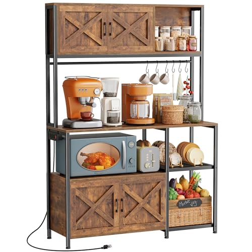Huuger Large Bakers Rack with Power Outlet, Kitchen Microwave Stand with Cabinets, Coffee Bar Table Station with Storage, 6 S-Shaped Hooks, Mesh Shelves, 45 Inch Wooden Top, Rustic Brown