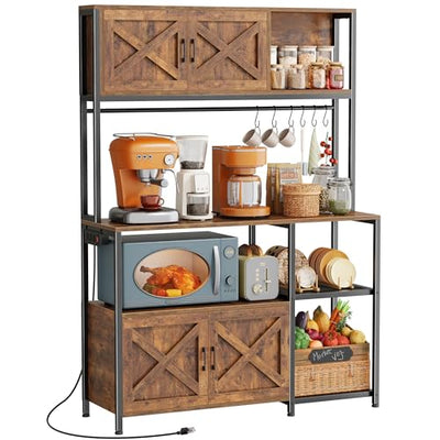 Huuger Large Bakers Rack with Power Outlet, Kitchen Microwave Stand with Cabinets, Coffee Bar Table Station with Storage, 6 S-Shaped Hooks, Mesh Shelves, 45 Inch Wooden Top, Rustic Brown