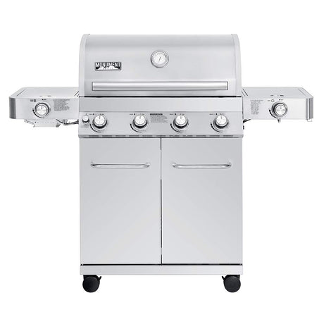 Monument Grills Larger 4-Burner Propane Gas Grills Stainless Steel Cabinet Style with Side & Side Sear Burners, Built-In Thermometer, and Knob Controls Monument Grills