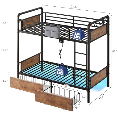 Jocoevol Metal LED Bunk Bed Twin Over Twin with 2 Storage Drawers, USB Charging Station, Industrial Bunkbeds Heavy Duty Bed with Safety Guardrail and Ladder, No Box Spring Needed, Vintage Brown Jocoevol