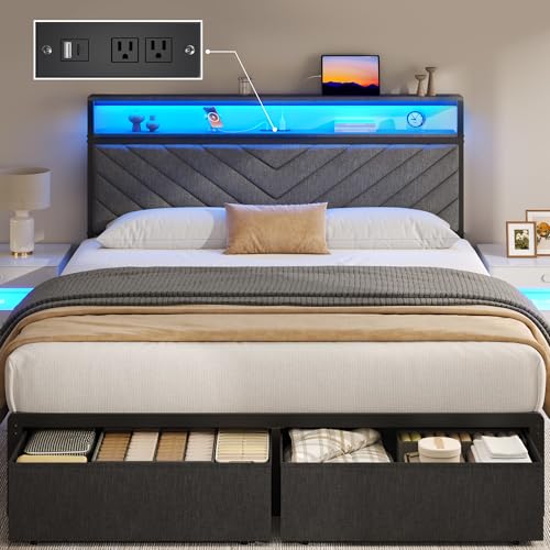 Fluest Queen Bed Frame with 2 Drawers, Upholstered Headboard with Storage and Charging Station, LED Lights, Fabric Drawers with Wheels, Under Bed Storage, No Box Spring Needed, Easy Assembly, Grey Fluest