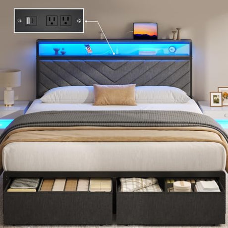 Fluest Queen Bed Frame with 2 Drawers, Upholstered Headboard with Storage and Charging Station, LED Lights, Fabric Drawers with Wheels, Under Bed Storage, No Box Spring Needed, Easy Assembly, Grey Fluest