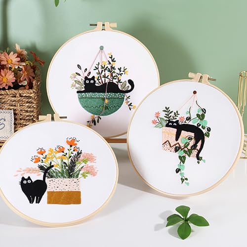 KEKEMEOW 3 Sets Embroidery Kit for Beginners, Stitches with Black Cat and Flowers, Embroidery Stitch Practice kit for Adults Craft Lover, Needlepoint Hand Embroidery Kit with Pattern、Instruction、Hoop