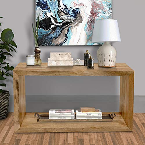 The Urban Port 52-Inch Cube Shape Mango Wood Console Table with Bottom Shelf - WoodArtSupply