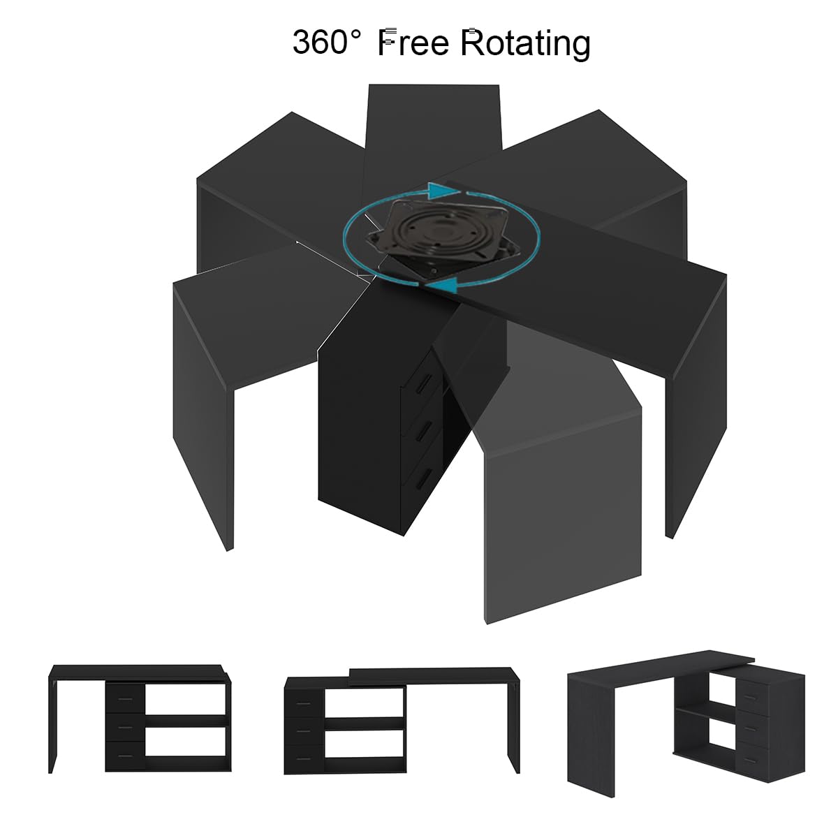 HSH Black L Shaped Desk with Drawers Shelves, 360 Rotating Home Office Desk L Shape with Storage Cabinet, Corner Wood Computer Table for PC Executive Work Study Writing in Bedroom Living Room, 55 in HSH