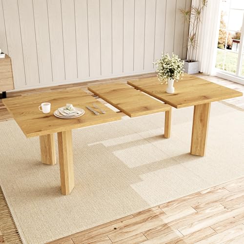 HIPIHOM Extendable Dining Table for 6-8 People, 63 to 78.7 Inch Rectangular MDF Table, Farmhouse Rustic Style, Space-Saving Design for Dining Room, Kitchen, Meeting HIPIHOM